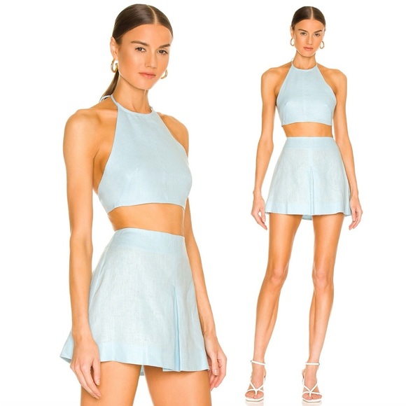 NWT MATTHEW BRUCH Tie Halter Crop Top & Kick Pleat Mini Skirt Set in Aqua - Picture 1 of 10